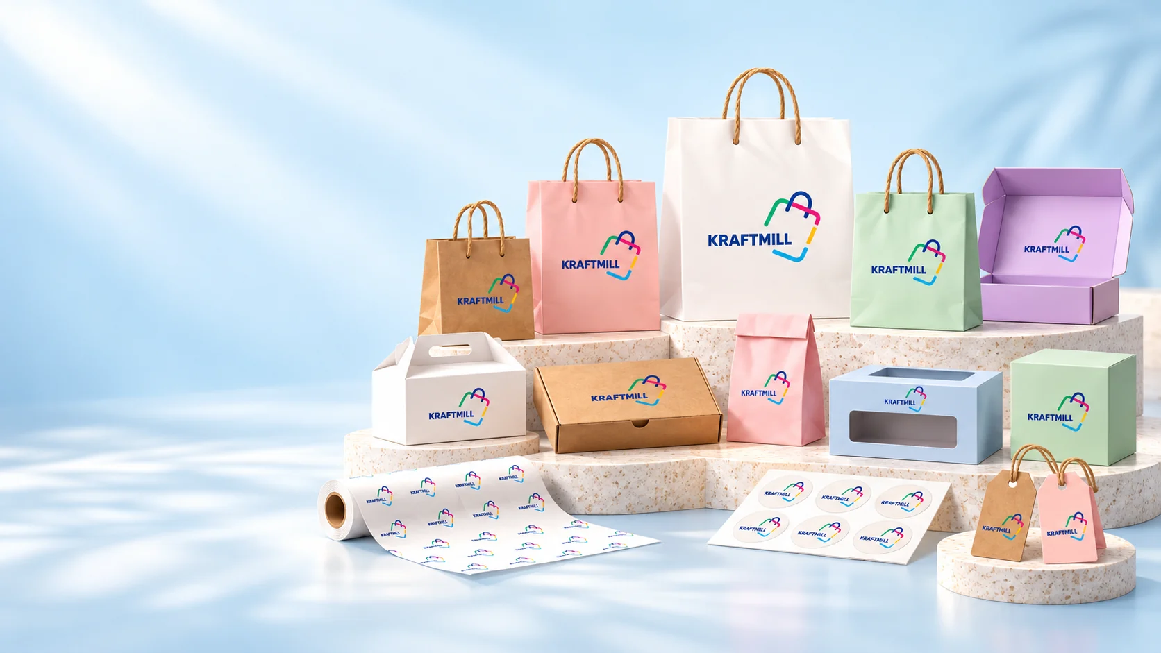 Kraftmill pastel bags, boxes, labels, stickers and tags arranged on terrazzo display stands